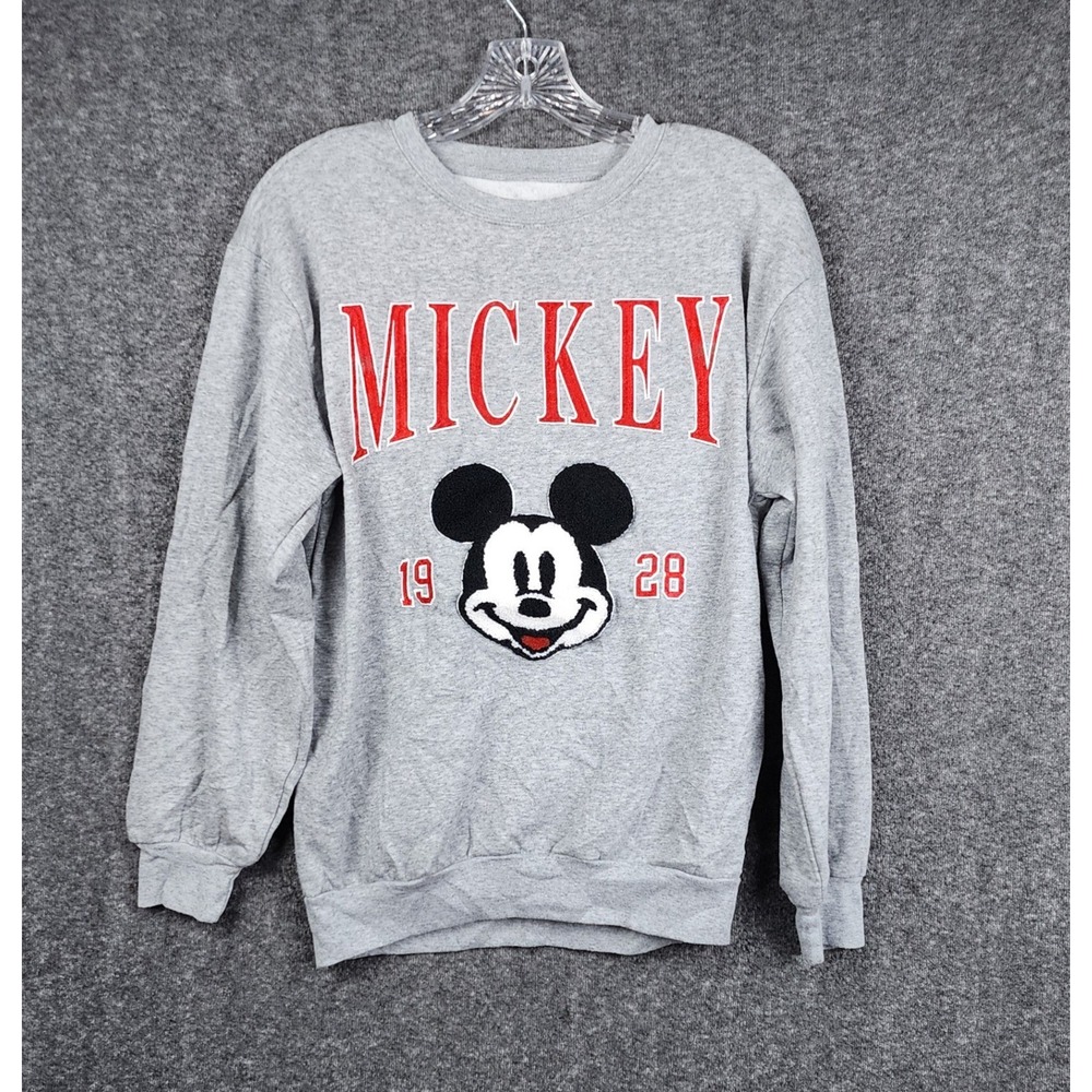 Disney Mickey Mouse Sweatshirt Women XS Grey Chenille Patch 1928 LS42405FS